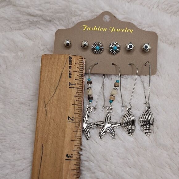 Bohemian beach style earrings starfish oyster conche shells hearts beaded - Picture 5 of 7